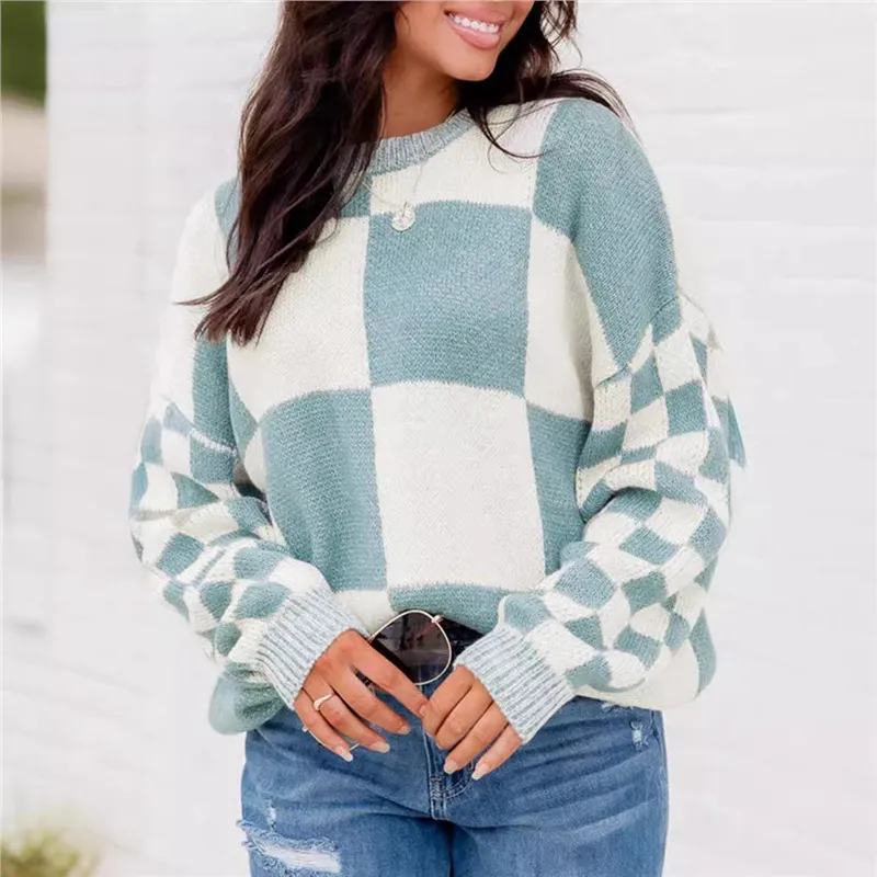 Thickened Pullover Women European And American Leisure Plaid Block Stitching Long Sleeve Sweater Women - Sky Blue