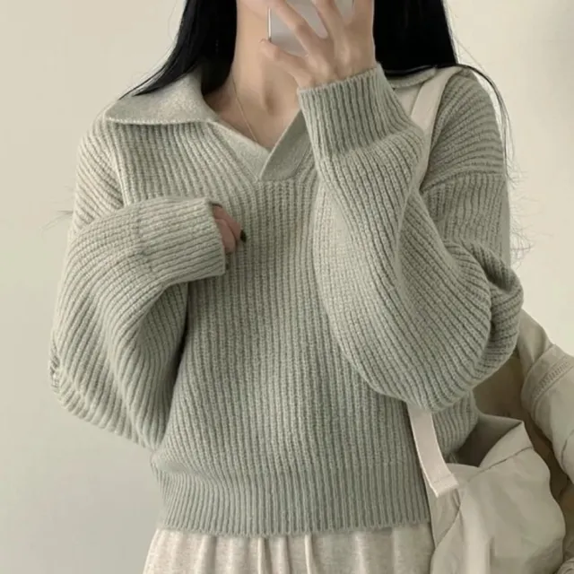 Women's Polo Collar Long Sleeve All matching Warm Sweater Bean Green - Shop at LoveMi