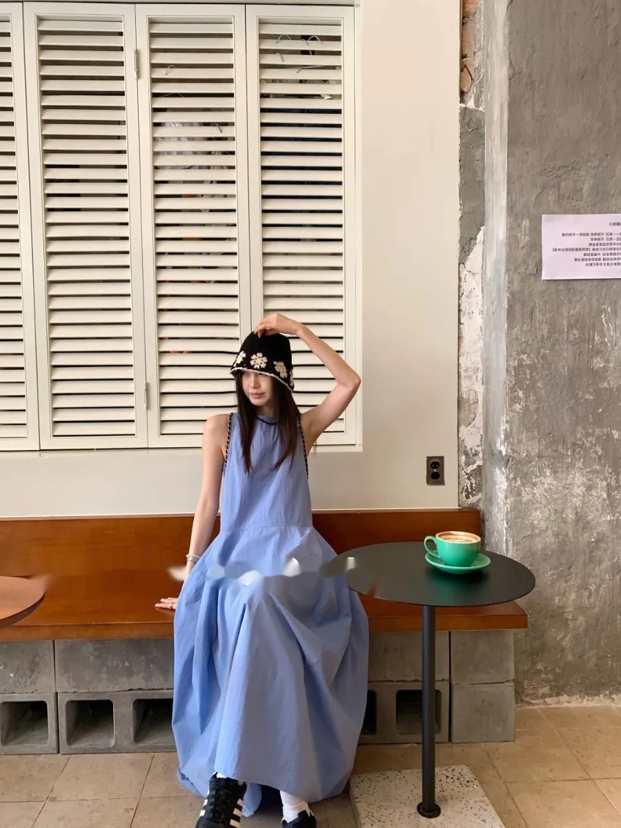 Vacation Style Elegant Blue Vest Dress For Women - Blue