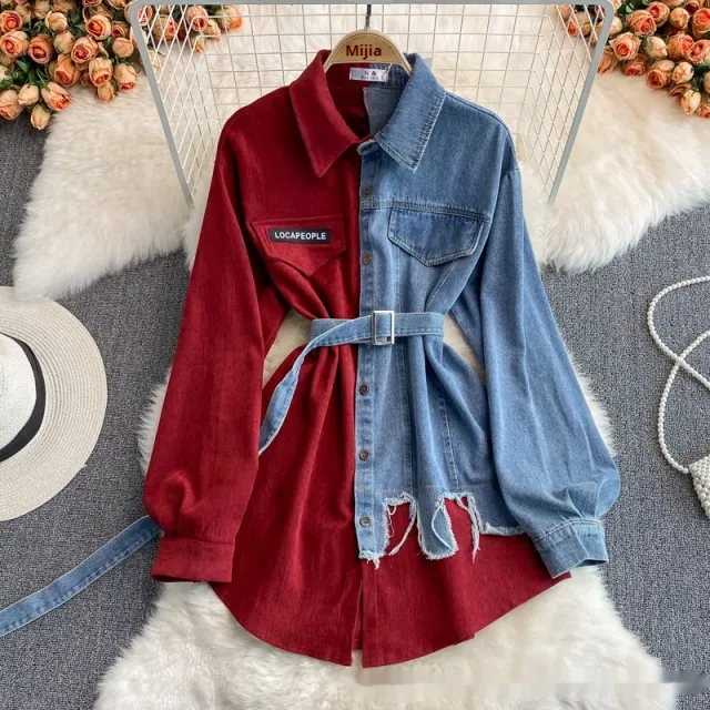 Denim Stitching Lapel Dress Waist Slimming Mid length Shirt Wine - Shop at LoveMi