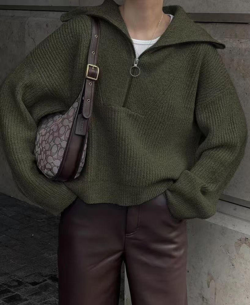 Women's Fashionable Retro Loose V neck Pullover Sweater Olive - Shop at LoveMi