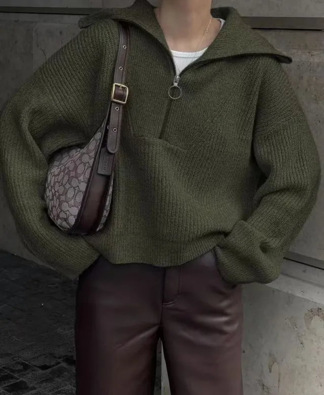 Women's Fashionable Retro Loose V neck Pullover Sweater Olive - Shop at LoveMi