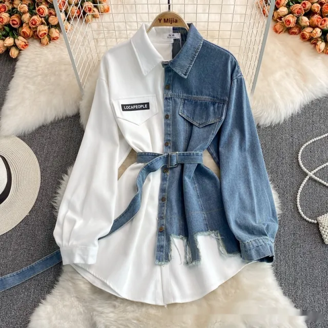 Denim Stitching Lapel Dress Waist Slimming Mid length Shirt White - Shop at LoveMi