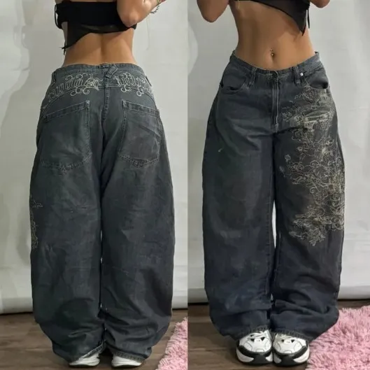 Washed Printed Loose Straight Wide leg Jeans Blue - Shop at LoveMi