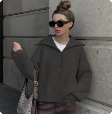 Women's Fashionable Retro Loose V-neck Pullover Sweater - Dark Grey