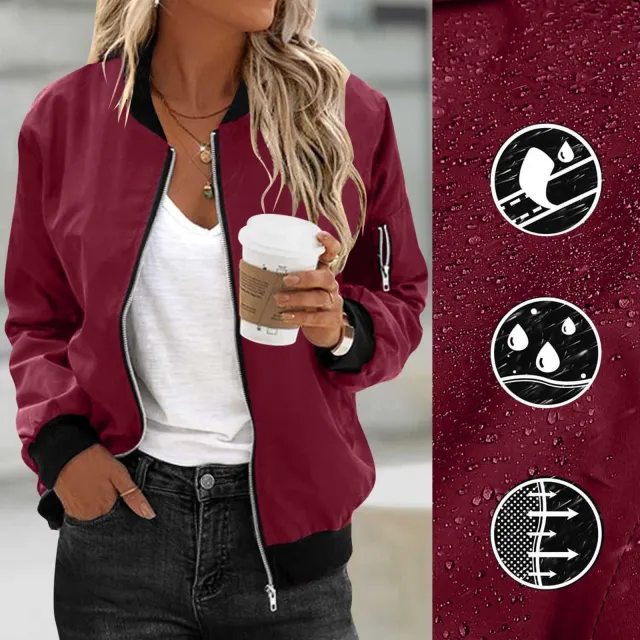 Women's Solid Color Cool Girl Baseball Jackets Round Neck Zipper Vintage Bomber Jacket Autumn Casual Female Bomber Jacket Chic Outerwear Red - Shop at LoveMi