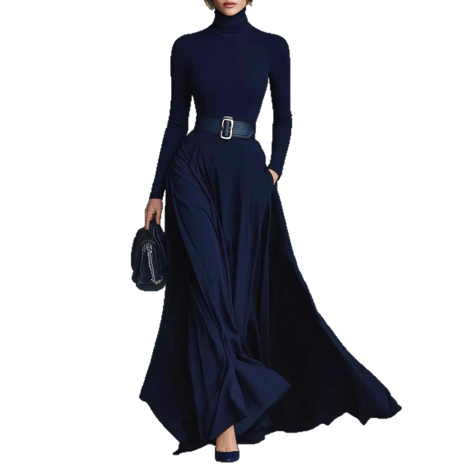Women's Solid Color Long-sleeved Waist Dress