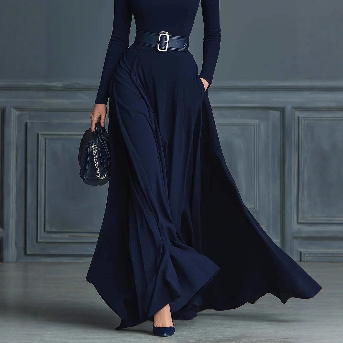 Women's Solid Color Long-sleeved Waist Dress
