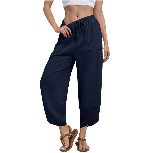 Women's Wide Leg Pants With Pockets For Casual Wear Dark Blue A - Shop at LoveMi