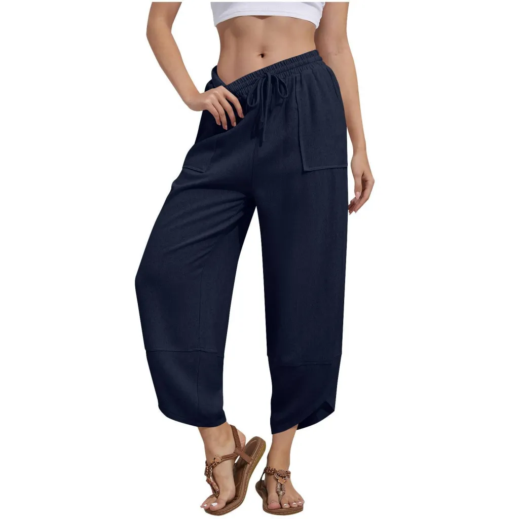 Women's Wide Leg Pants With Pockets For Casual Wear - Dark Blue A