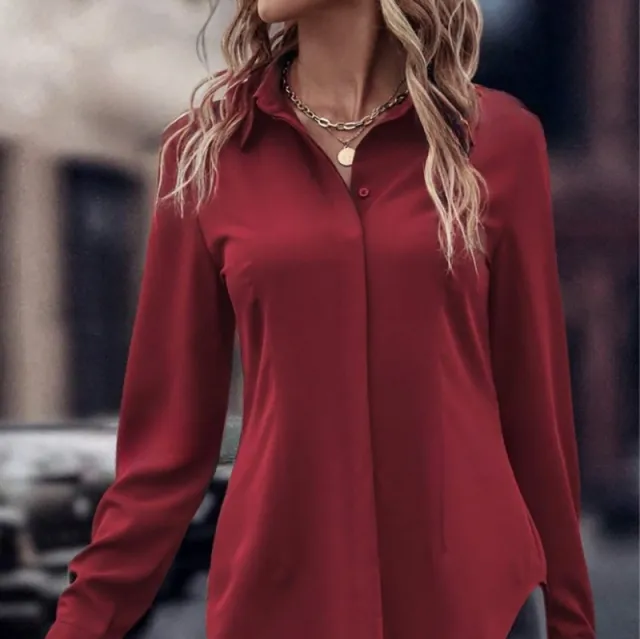Double door Satin Lapel Long Sleeve Top Commute Style Slim fit Women's Clothing Wine Red - Shop at LoveMi