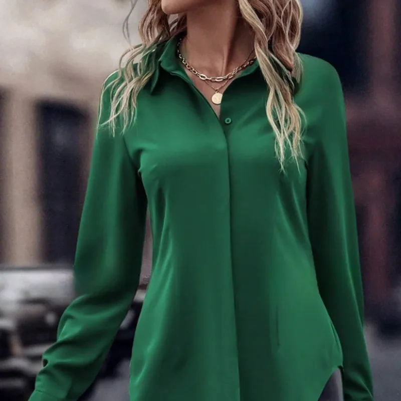 Double-door Satin Lapel Long Sleeve Top Commute Style Slim-fit Women's Clothing - Green