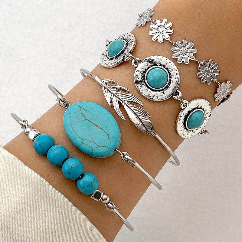 Boho Silver Bracelet Set with Stones