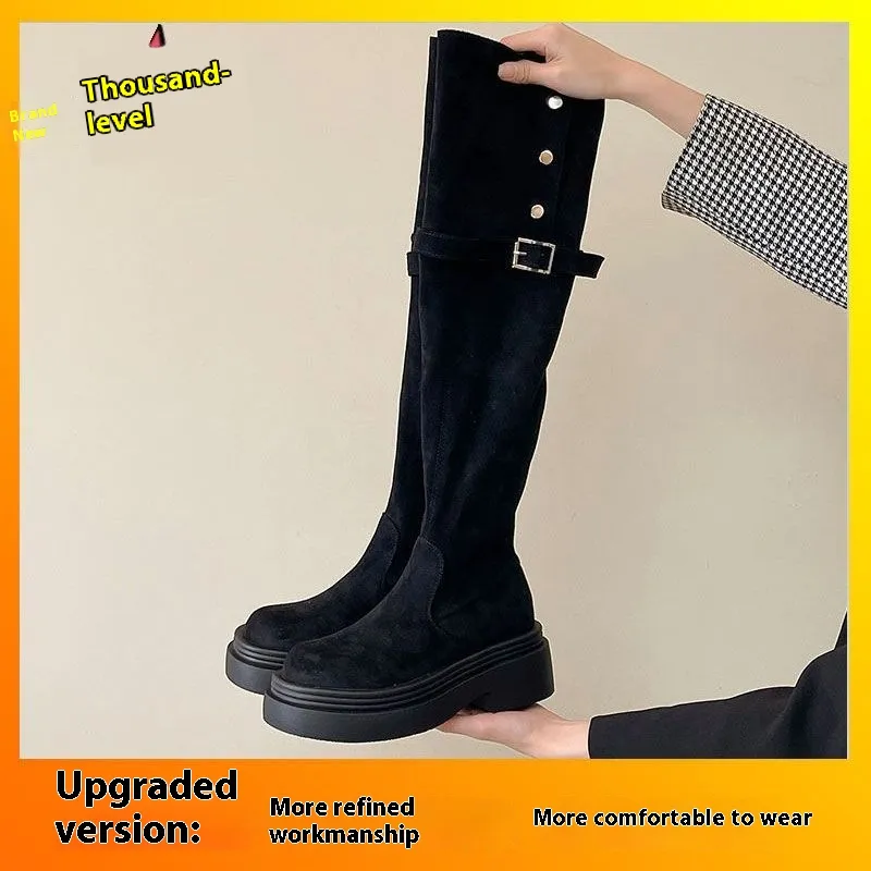 Over-the-knee Folding Long Tube Two-way Wear Boots With Chunky Heels Women's Thick Bottom - Black