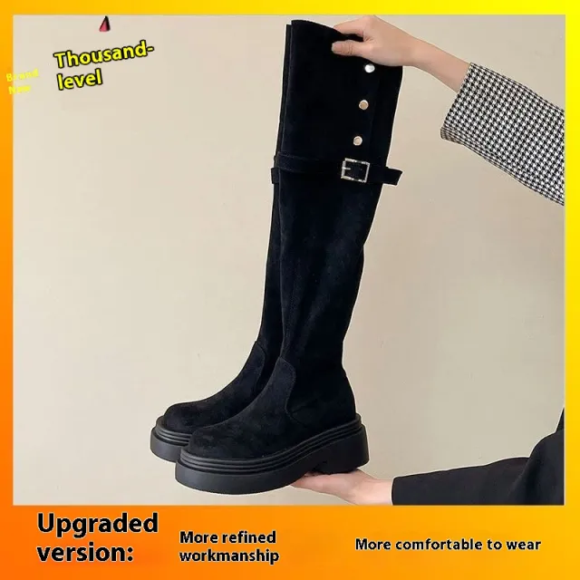 Over the knee Folding Long Tube Two way Wear Boots With Chunky Heels Women's Thick Bottom Black - Shop at LoveMi