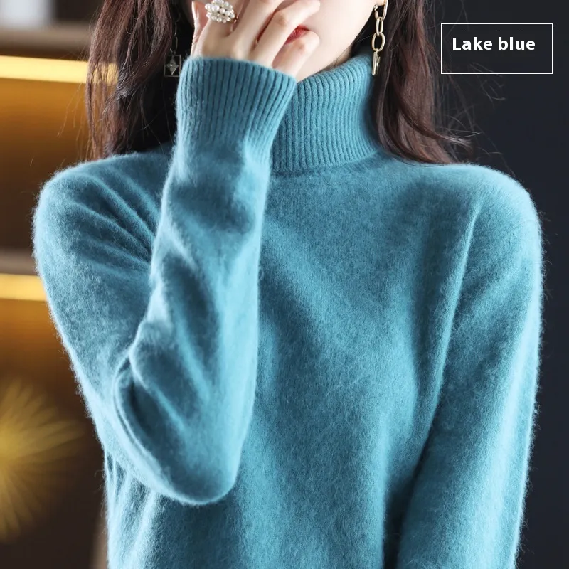High Neck Inner Wear Loose Cashmere Knitted Bottoming Shirt - Lake Blue