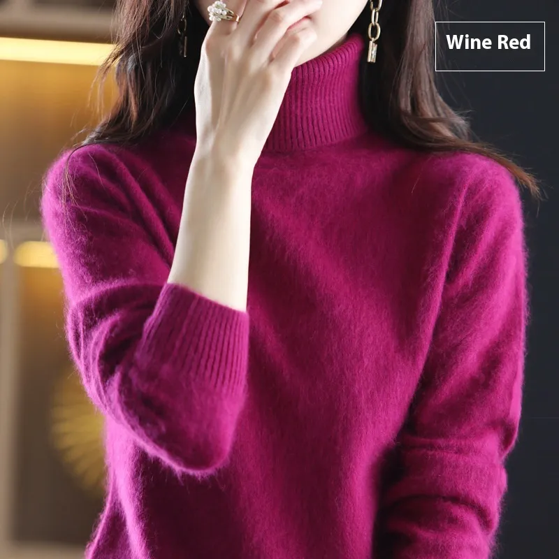 High Neck Inner Wear Loose Cashmere Knitted Bottoming Shirt - Wine Red