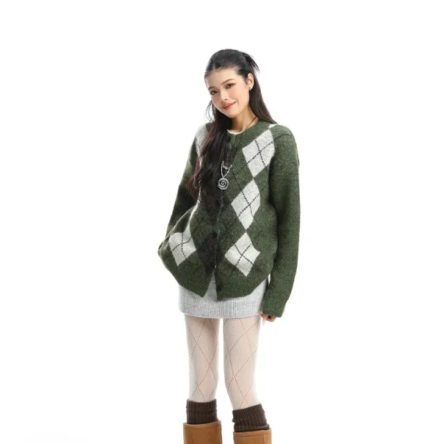 Rhombus Cardigan Knitted Sweater Coat Green - Shop at LoveMi