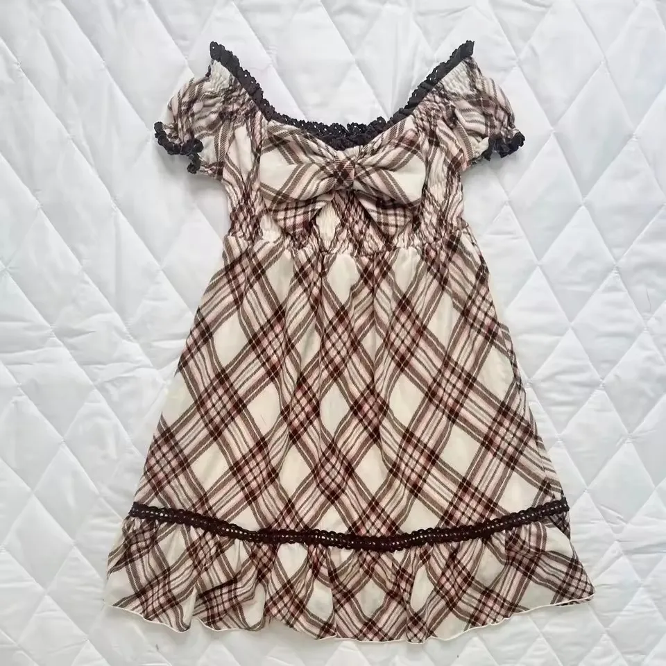 Vintage Plaid Striped Fitted Waist Bowknot Lace Women's Short-sleeved Dress - Brown