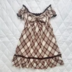 Vintage Plaid Striped Fitted Waist Bowknot Lace Women's Short-sleeved Dress - Brown - View 1