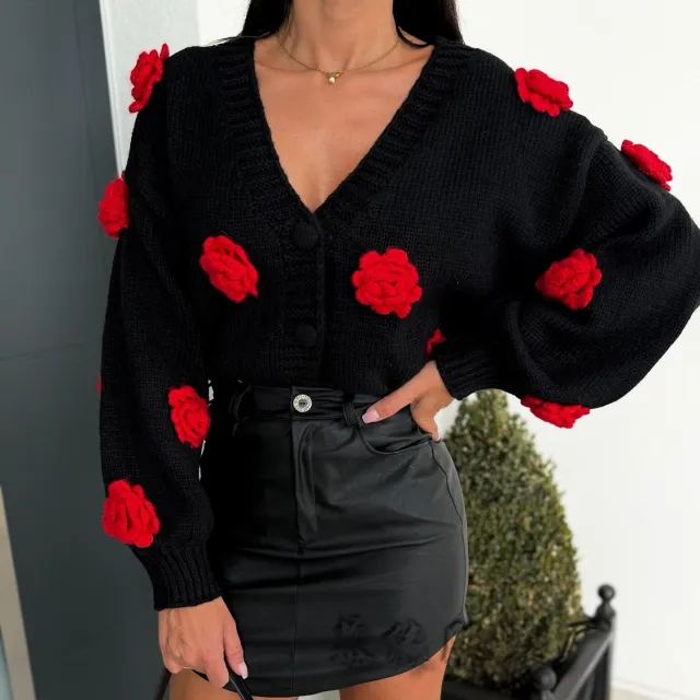 Three dimensional Women's Flower Shape Loose V neck Buttons Sweater Black - Shop at LoveMi