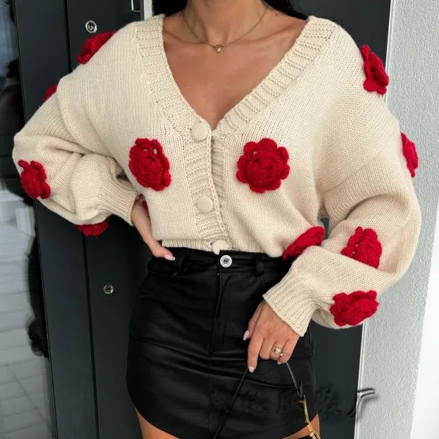 Three dimensional Women's Flower Shape Loose V neck Buttons Sweater Apricot - Shop at LoveMi