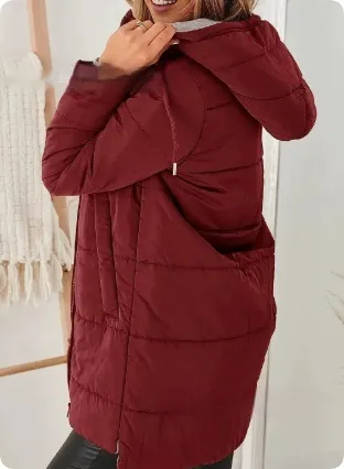 Women's Hooded Solid Color Pocket Long Cotton Jacket Coat Red - Shop at LoveMi