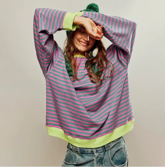 Women's Colorful Striped Round Neck Loose Sweatshirt Ww00025 - Shop at LoveMi