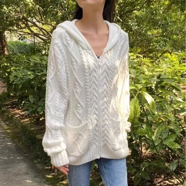 Retro Twist Hooded Women's Loose fitting Versatile Sweater Zipper Jacket White - Shop at LoveMi