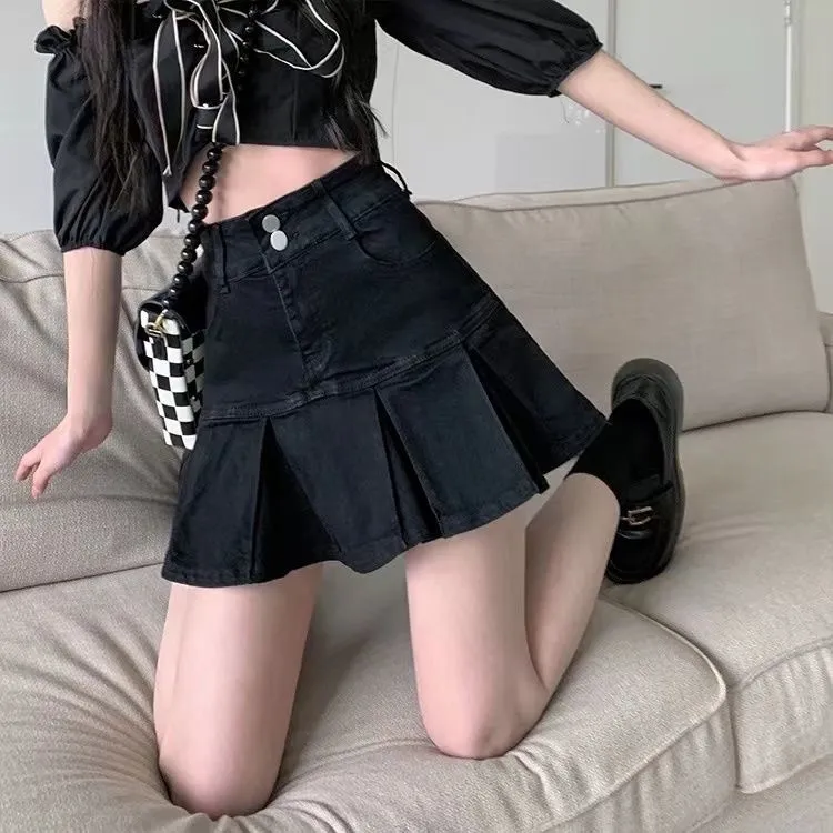 American Pleated Denim Skirt Women's High Waist Slimming - Black