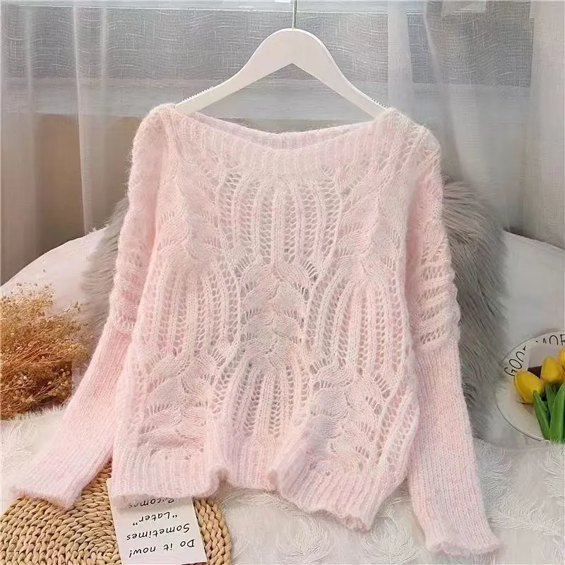 Women's Sweater Pullover Loose Autumn Clothing Retro Twist Hollow Top Short - Pink
