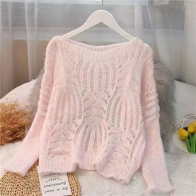 Women's Sweater Pullover Loose Autumn Clothing Retro Twist Hollow Top Short Pink - Shop at LoveMi
