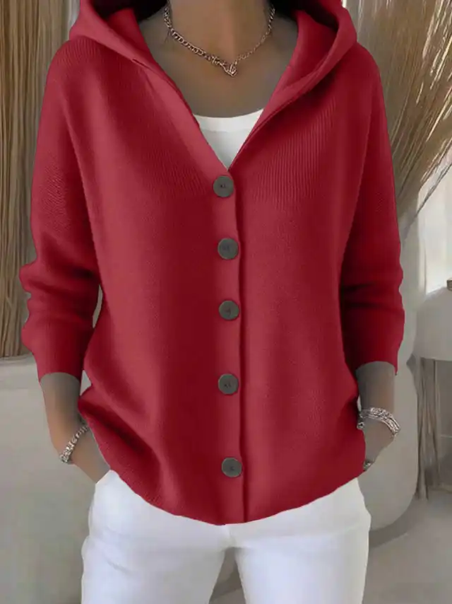 Ins Button Hooded Sweater Fashion Autumn And Winter Knitted Cardigan Casual Commuter Long Sleeve Top Women's Clothing Wine Red - Shop at LoveMi