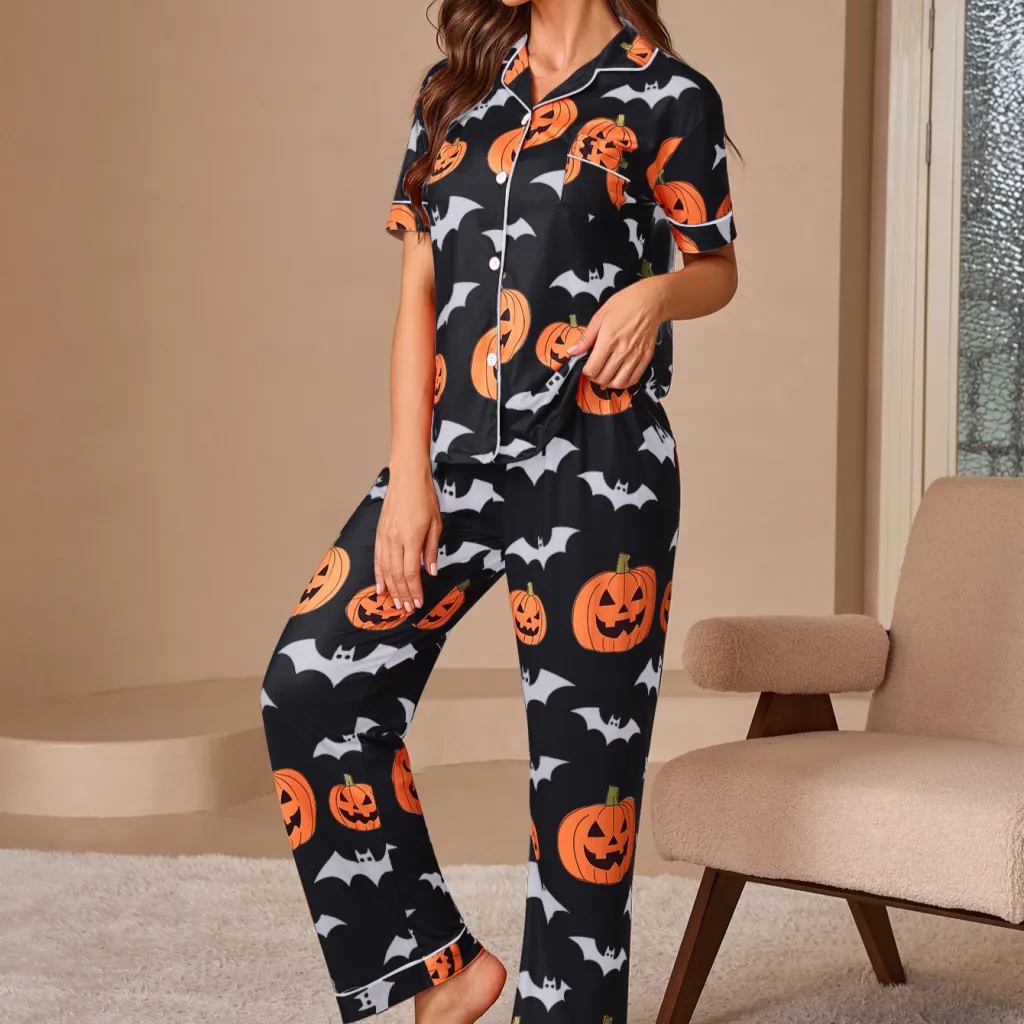 Women's Printed Pajamas Suit Fashionable Short-sleeved Shirt And Trousers - Black