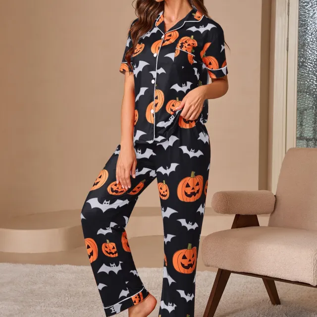 Women's Printed Pajamas Suit Fashionable Short sleeved Shirt And Trousers Black - Shop at LoveMi