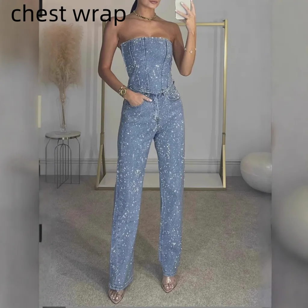 Women's Sparkling Vest And Diamond Trouser Suit - Denim Blue