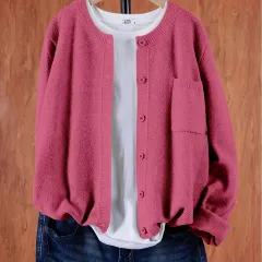 Pure Colour Warm Keeping Knitted Cardigan For Women - Rose - View 1