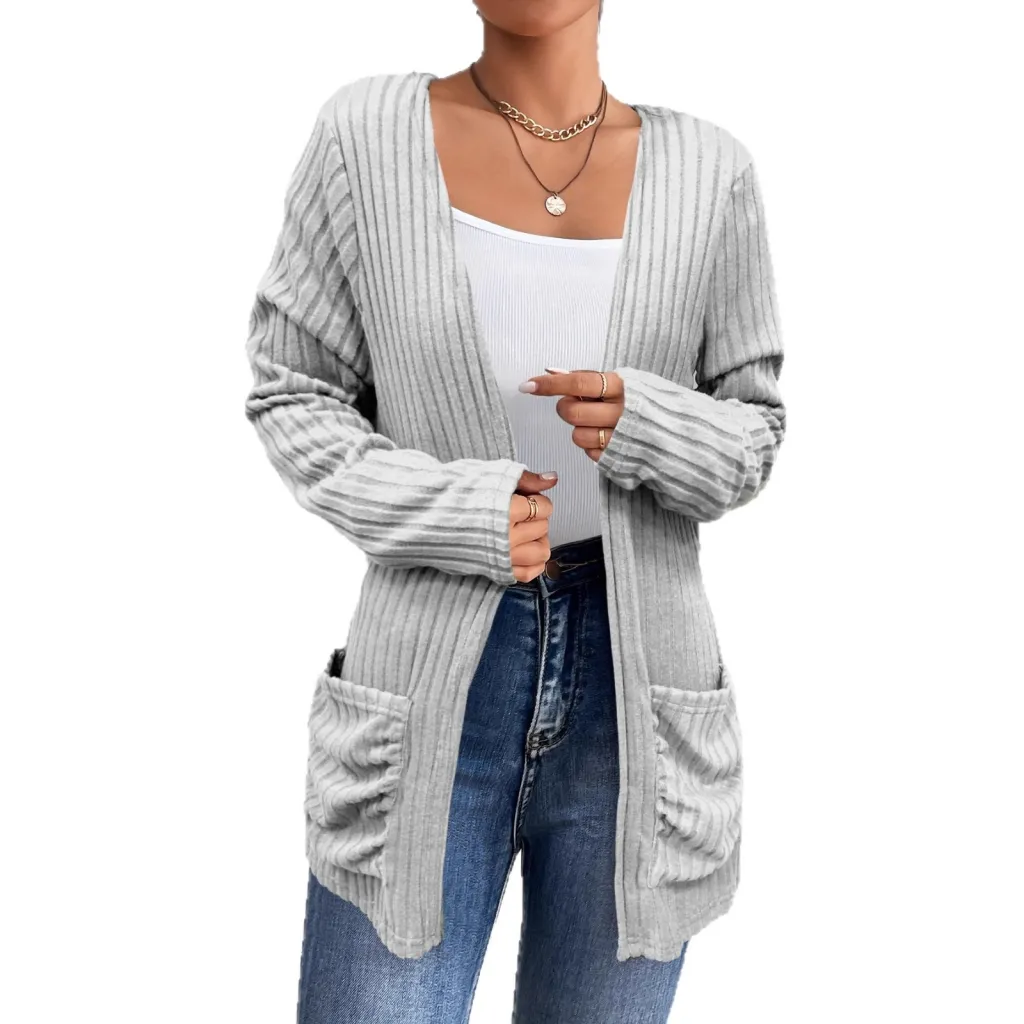Solid Color Rib Fabric Brushed Pocket Cardigan Long Sleeve Coat - Grey