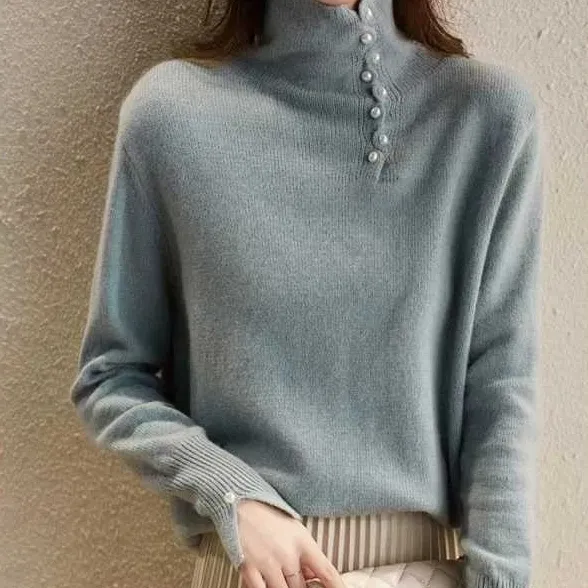 Craft Design Button Warm Turtleneck Comfortable Sweater For Women MLZY84274 Blue - Shop at LoveMi