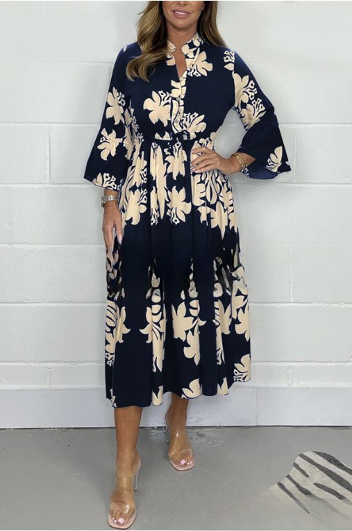 Elegant Printed Stand up Collar Cinched Long Sleeve Dress Navy - Shop at LoveMi