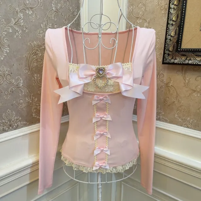 Elegant Ballet Style Princess Bowknot Pearl Heart Slimming Short Top Orange Pink - Shop at LoveMi