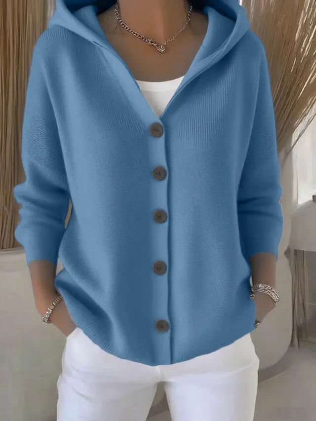 Ins Button Hooded Sweater Fashion Autumn And Winter Knitted Cardigan Casual Commuter Long Sleeve Top Women's Clothing Blue - Shop at LoveMi