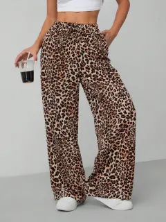Women's Casual Leopard Print High Waisted Wide-Leg Pants Elegant Drawstring Loose Long Trousers - Coffee - View 1