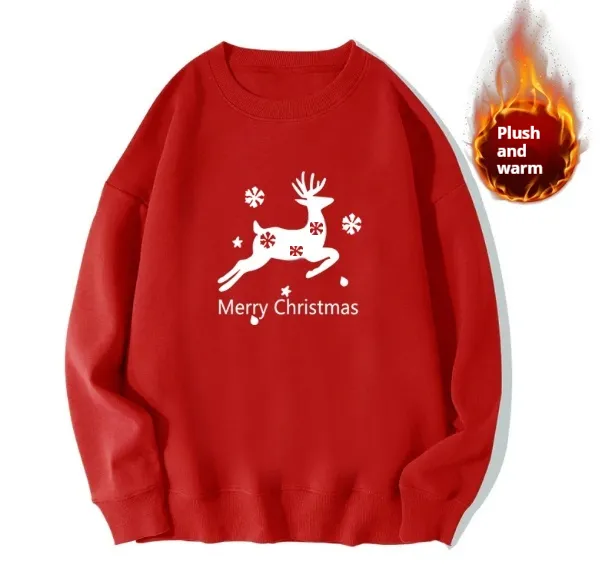 Red Sweater Christmas Fleece lined Deer Round Neck Couple Reindeer - Shop at LoveMi