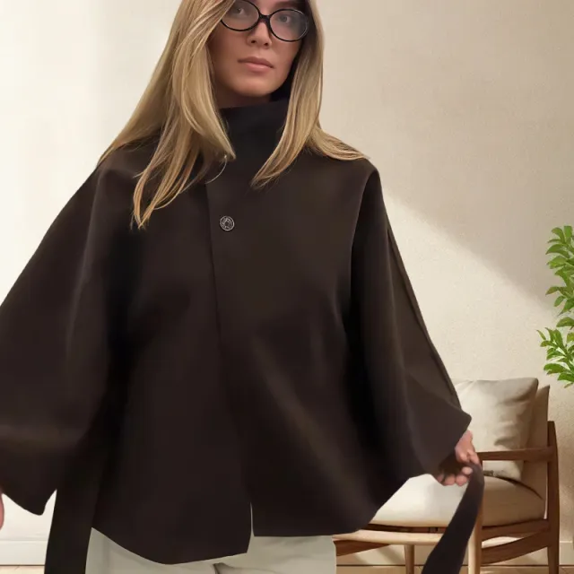 Elegant Solid Color Waist Tight Lace up Woolen Cape Jacket Brown - Shop at LoveMi