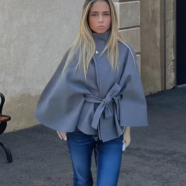 Elegant Solid Color Waist Tight Lace up Woolen Cape Jacket Blue - Shop at LoveMi