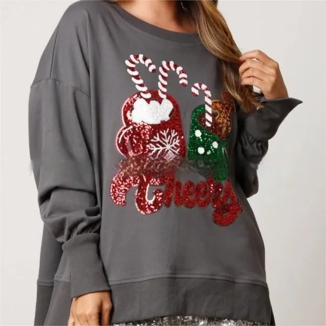 Women's Confectionery Cup Sequined Sweater Casual Loose Top Gray - Shop at LoveMi
