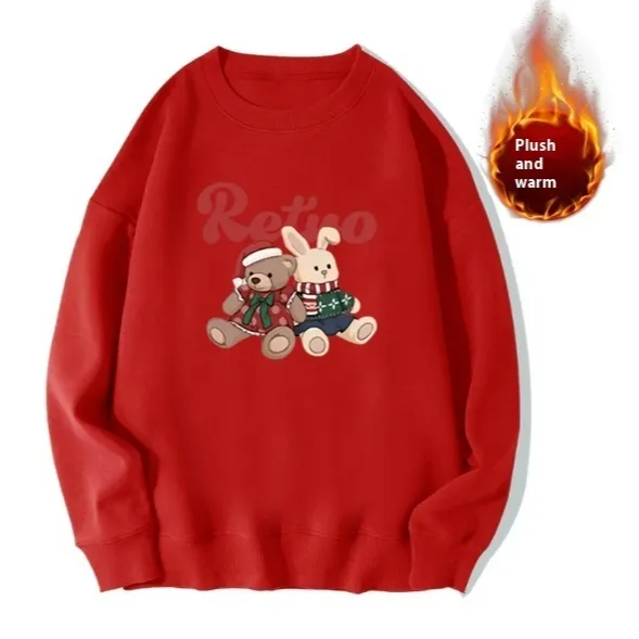 Red Sweater Christmas Fleece-lined Deer Round Neck Couple - Little Bear