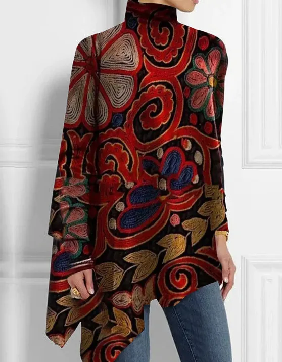 Turtleneck Allover Floral Print Asymmetrical Hem Top Dark Red - Shop at LoveMi