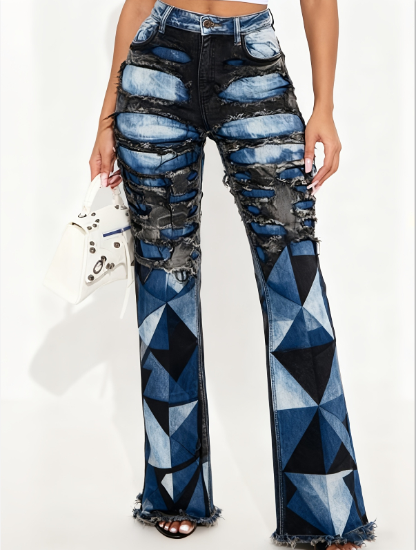 Two tone distressed wide leg jeans featuring blue and black geometric patterned flared denim with ripped sections.